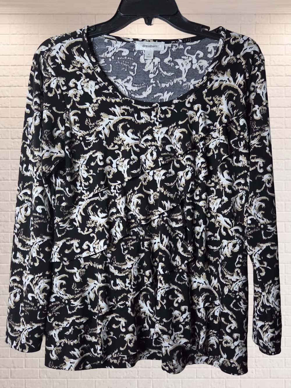 dressbarn Black Long-Sleeve Scroll-Print Tee with Cream Accents
